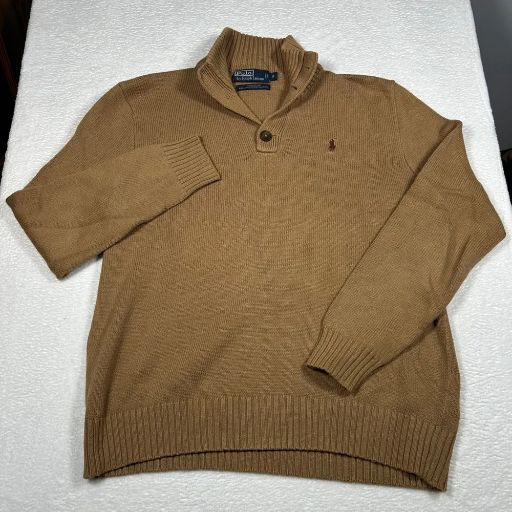 Polo Ralph Lauren Button Mock Neck Sweater Mens S Tan Brown Cotton Pullover Logo